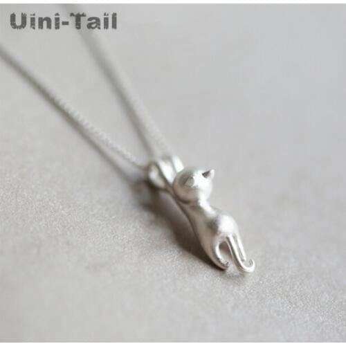 Uini-Tail classic hot 925 sterling silver fashion cartoon cat necklace Korea dynamic cute cat kitten necklace high quality GN343