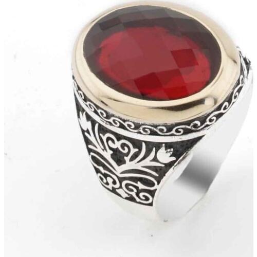 Red Zircon Stone Tulip Pattern Silver Men 'S Ring