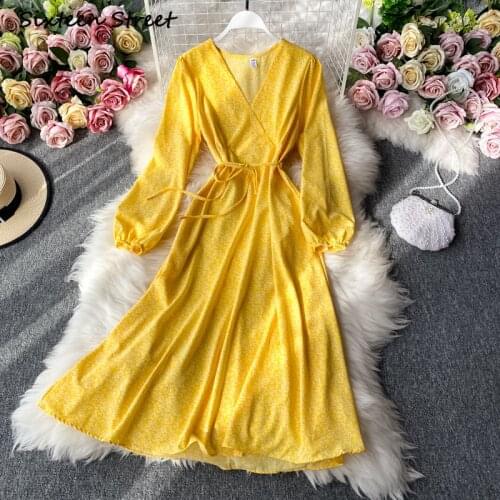 Maxi Dresses for Women Chic Autumn Y2k Clothing Women Long Sleeve V Neck Chiffon Vintage Vestido De Mujer Sexy Dress Elegant