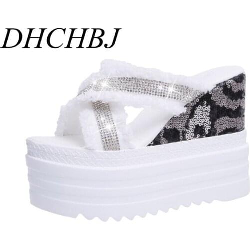 Fashion Brand Bling High Heels Sandals Crystal Peep Toe Summer Womens Shoes Platform Shoes Wedge Solid Woman Sandals slippers