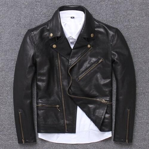 Mens Genuine Leather Jacket Motorcycle Jacket Leather Sheepskin Short Diagonal Zipper Single Leather Jacket