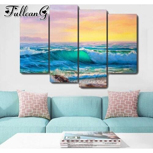 FULLCANG Sea scenery natural 4 piece diy diamond painting full square round drill 5d mosaic embroidery sale home decor FC3397