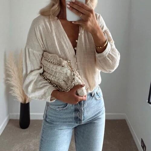 XEASY 2021 New Summer Women Vintage Hemp Solid Thin Shirt Office Lady Female Loose V Neck Streetwears Casual Shirt Chic Top