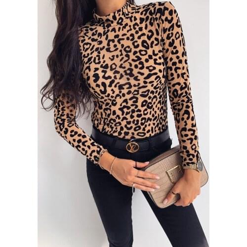 2019 Autumn Fashion Women Leopard Shirts Office Ladies Long Sleeve Stand Collar Blouses All-Matching Slim Bottoming Shirts Tops