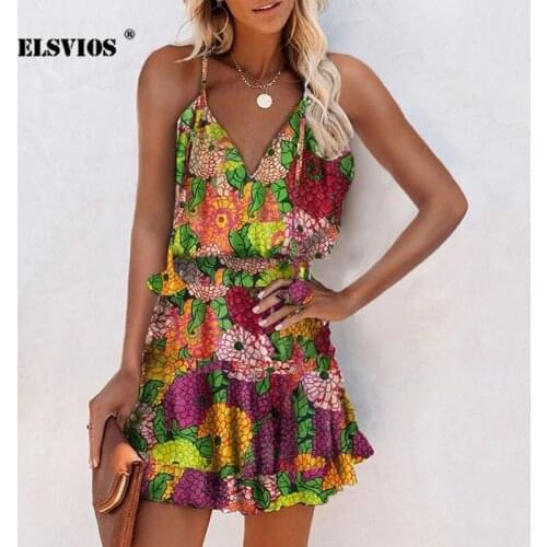 Hollow Flower Print Suspender Dress 2021 Summer Sweet Girls' Casual Sleeveless Sexy V-Neck Belt Backless Elastic Beach Mid Dress