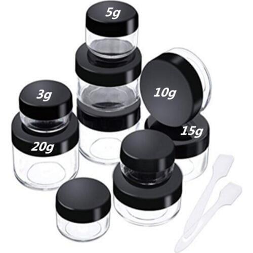 10PCS Empty Clear Plastic Sample Containers with Lids 3/5/10/15/20g Size Cosmetic Pot Jars with 5pcs Mini Spatula for Gift