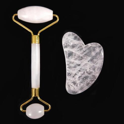 Light Pink Rose Quartz Jade Roller Slimming Face Massager Facial Massage Crystal Roller Natural Stone Scraper Guasha Board Set