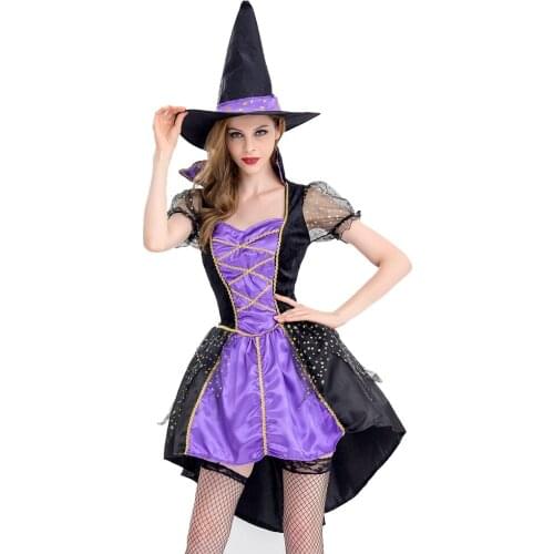 Sexy Adult Witch Costumes Women Tailcoat Dress Purple Swallowtail Clothes for Halloween / Xmas Party Coser
