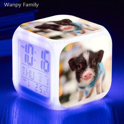 Very Cute Pig Alarm Clocks 7 Color Glowing LED Digital Alarm Clock For Kids Birthday Gift Multifunctio Touch Sensing Flash Clock