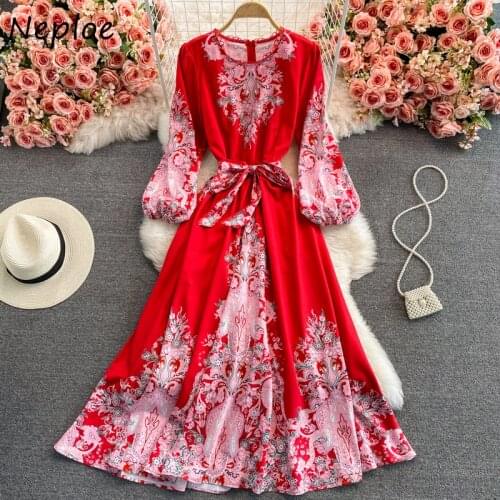 Neploe Vintage Floral Print Lady Elegant Robe Femme Slim Waist Bow Drawstring Maxi Dress Women O-neck Puff Sleeve Vestido Mujer