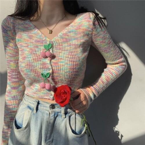 Knitted cardigan jacket womens spring 2021 new style V-neck sweater slim-fit striped short tops female