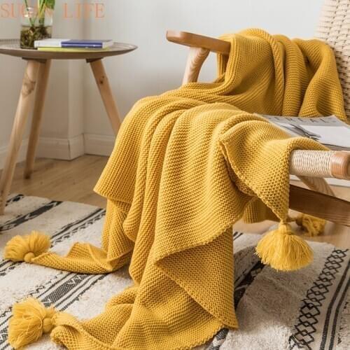 Yellow Blanket Sofa Knit Throw Blanket Solid Soft PomPom Tassels Blanket Travel 130x160cm Home Sofa Chair Couch Bed 50"x62"