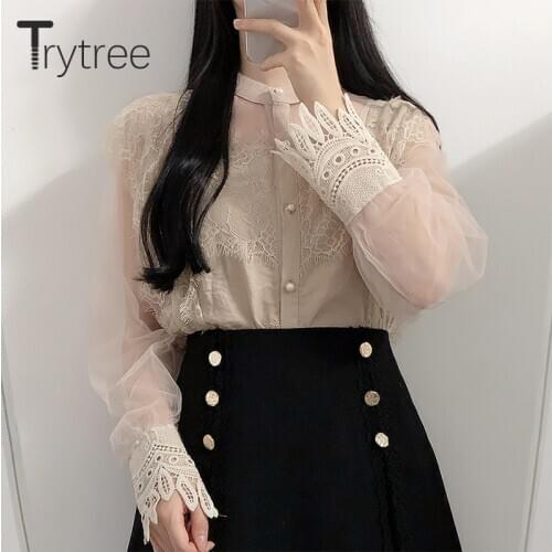 Trytree 2020 Spring Autumn Blouse Women Casual O-neck Volie Translucent Puff Sleeve Single Breasted Office Lady Lace Shirts Tops