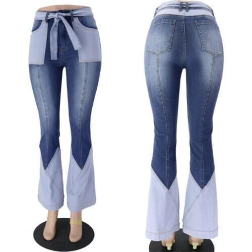 Womens High Waist Denim Jeans With Belt Bell Bottom Flared Stretch Skinny Fitted Pants