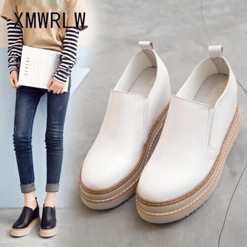 XMWRLW Womens Loafers Leather Casual Slip on Shoes For Women White Black Sneakers High Heels Women Wedges Shoes Autumn Loafers
