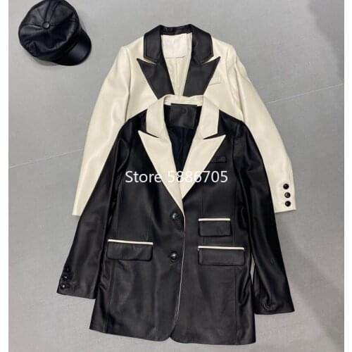 High quality contrast color sheepskin real leather blazer 2021 autumn winter women single breasted genuine leather coat S419