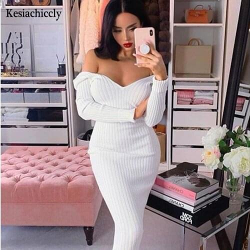 Kesiachiccly Sexy Knitted Party Dresses Ribbed Off Shoulder Solid High Elastic Long Sleeve 2021 Spring Autumn Slim Elegant Dress