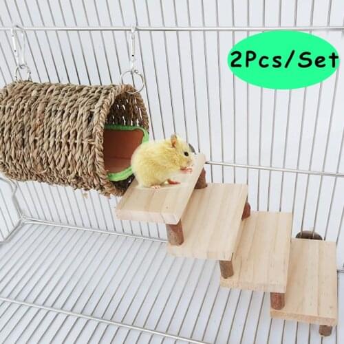 2PCS/Set Hamster Wooden Ladder Toy with Grass Tunnel Cage Guinea Pigs Climbing Stairs Gym Platform Teeth Care Molar Toys
