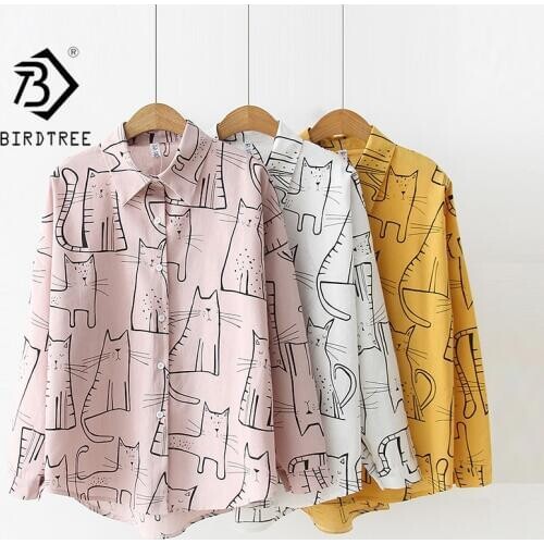2019 New Arrival Cartoon Cat Print Button Up Blouse Long Sleeve Turn Down Collar Shirt Sweet Girls Loose Plus Size Top T93905F