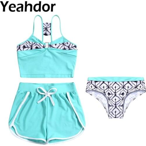 3Pcs Kids Girls Swimwear V Neck Straps Sleeveless Cropped Tops with Shorts and Briefs Set Beach Bikini Swimsuit Bathing Suit