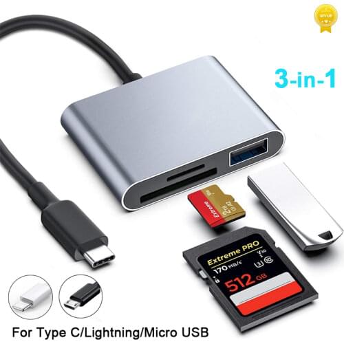 3 in 1 Type C/Lightning/Mirco to SD/TF Memory Card Reader, Type C to SD Card Reader OTG HUB Adapter for MacBook Camera Android