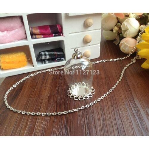 50Sets 30mmx18mm opening clear glass globe necklace pendant, wish pendant, come with silver plated cap,free 70cm necklace chain