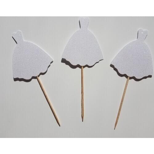 White Glitter Wedding Dress Cupcake Toppers- Bachelorette Party, Bridal Shower, Engagement Party, Hen Party