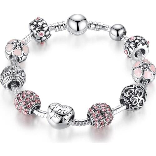 BK Antique Silver Charm Bracelet & Bangle with Love and Flower Crystal Ball Women Wedding Valentines Day Gift
