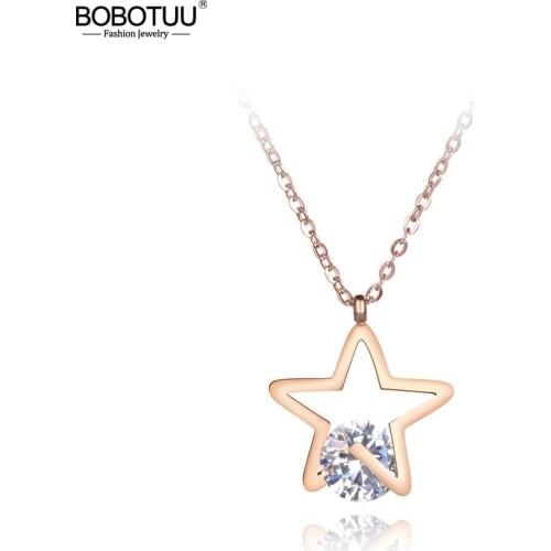 BOBOTUU Office Stainless Steel Cubic Zirconia Star Pendant Necklaces Jewelry Rose Gold Chokers Necklace For Women Girls BN19013