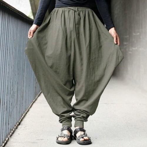 Men pants casual Vintage Solid Color Loose Sports Harem Pants Wide Leg Elastic Band Long Trousers