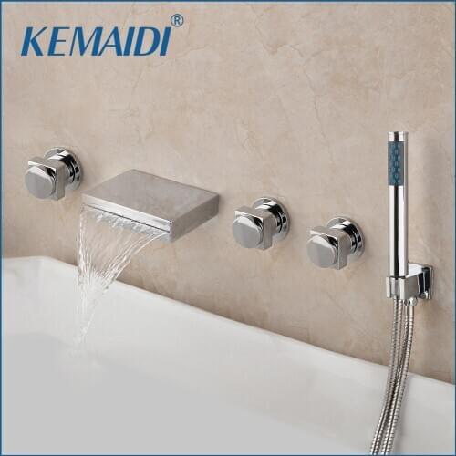KEMAIDI Bathtub 3 Handles 5pcs Faucet Solid Brass Bathroom Bathtub Waterfall Roman Mixer Taps Filler Faucet Handshower Chrome