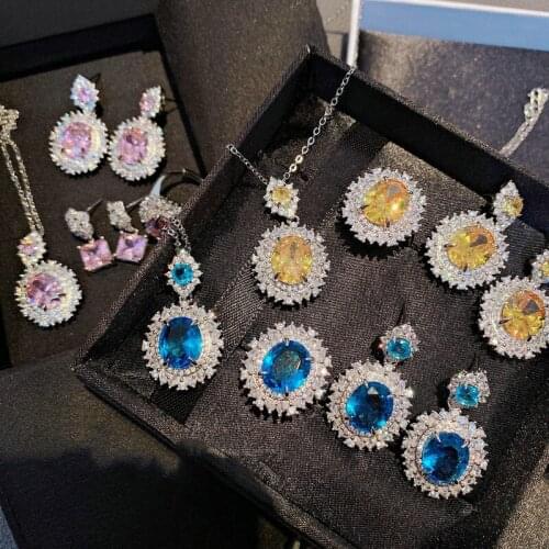 2021 New Princess 925 Sterling Silver Crystal Flower Earrings Ring Necklace Jewelry Set Bling Pink CZ Wedding Engagement Jewelry