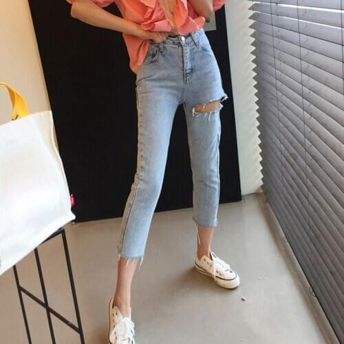 Korean Clothing New Hole Jeans Female Ankle Length Pants Woman Button Zipper Aesthetic Fashion 2020 Skinny Denim Elastic Y2K