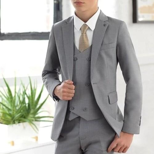 Fashion Light Grey Lapel Kids Suits For Wedding Children Groom Wear 3 Pieces Set Boys Formal Prom Suits (Jacket+Pants+Vest)