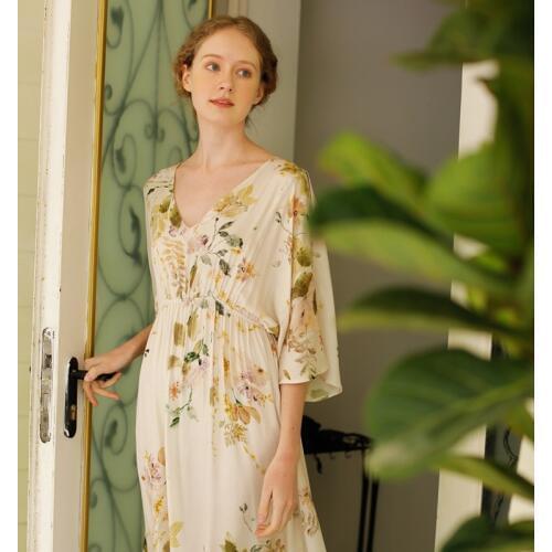 Spring Summer Viscose Womens Short Sleeve Floral Fashion Long Nightgowns Casual Loose Sleepwear Delicate Home Night Dress