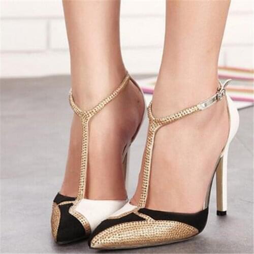 Sexy Women Sandals Pumps Sequined PU Buckle Strap Color matching Thin Heels 11CM High Heel Apricot Women Wedding Pumps Shoes