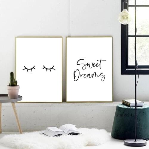 Sweet Dreams Quotes Black and White Posters Minimalist Lashes Canvas Painting Prints Modern Wall Art Pictures for Bedroom Decor