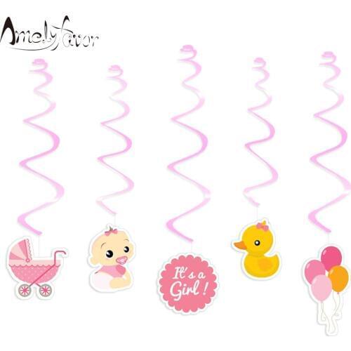 Girl Baby Shower Theme Ceiling Hanging Swirl Decorations Pink Duck Baby Carriage Grand Event Birthday Party Decorations Supplies