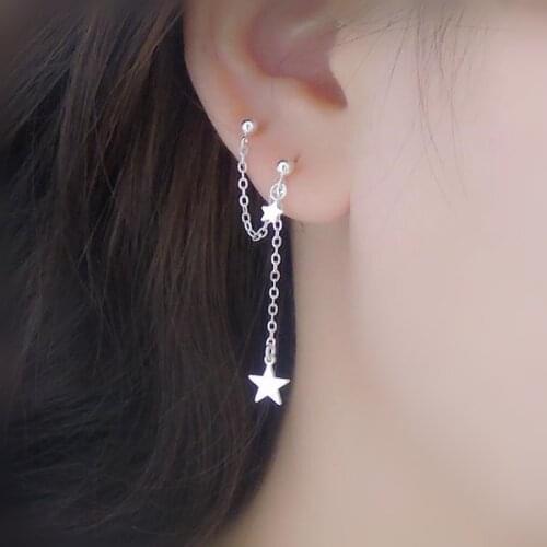 Two ear hole piece stud earring 925 sterling silver earring star wafer geometry short section tassel wild boy girl ear jewelry