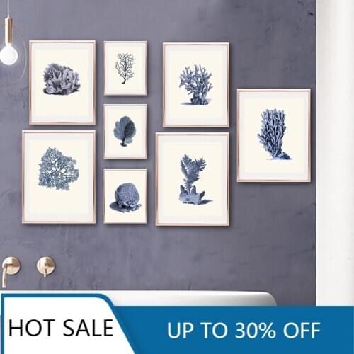 Navy Blue Coral Wall Art Canvas Painting Posters Prints Sea Marine Life Vintage Bathroom Wall Decor Pictures for Home Room Decor