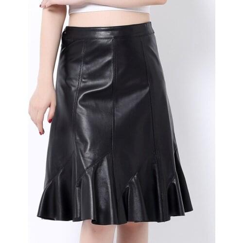 Elegant Genuine Leather Skirts Women High Waist Black Real Sheepskin Ruffle Design Office Ladies Midi Skirts Female Plus Size