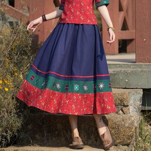 2021 New Spring Summer Women Skirt Vintage Chinese Ethnic Style High Quality Embroidery Floral Cotton Linen Long Skirt