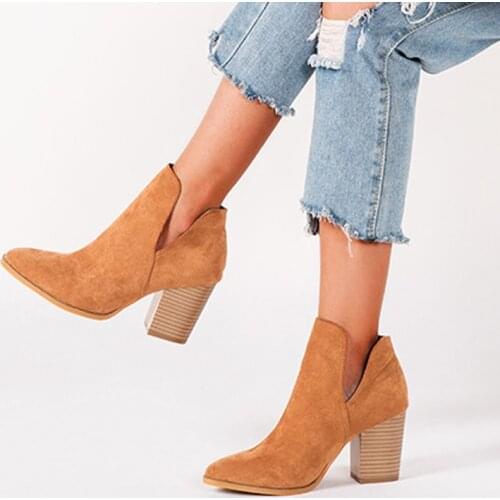 2021 New Sexy Short Western Cowboy Boots Women Flock Chunky High Heels Casual Street Booties Slip on Ankle botas Shoes