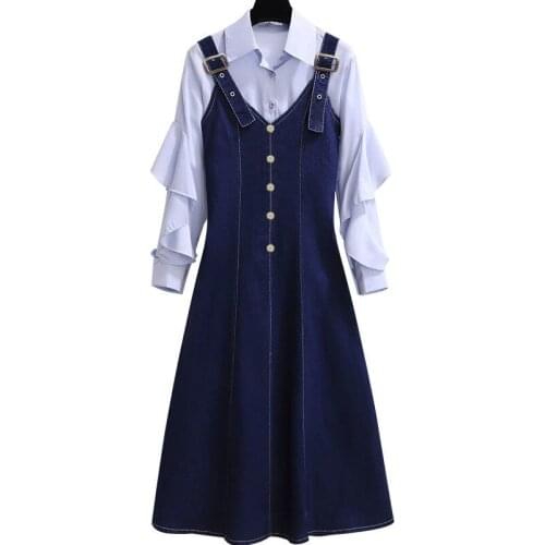 Women 2021 Spring Autumn Fashion Two-piece Sets Female Solid Color Loose Shirts Ladies Sling Buttons Loose A-line Dress M747