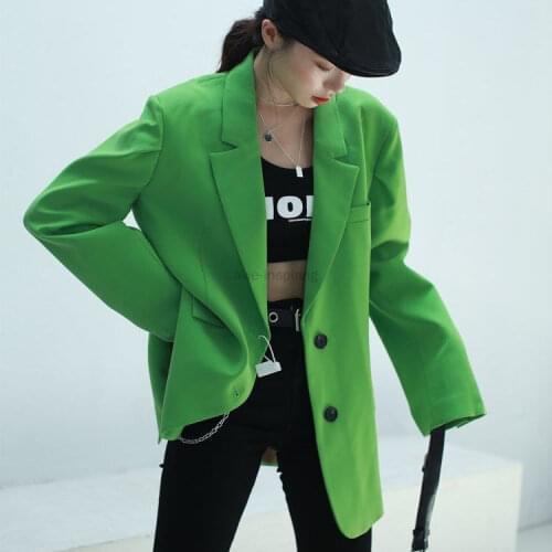 Autumn 2021 Green Full Loose Suit Fashion Big Pocket Coat High quality office lady blazer spring Notched Single-breasted Tops