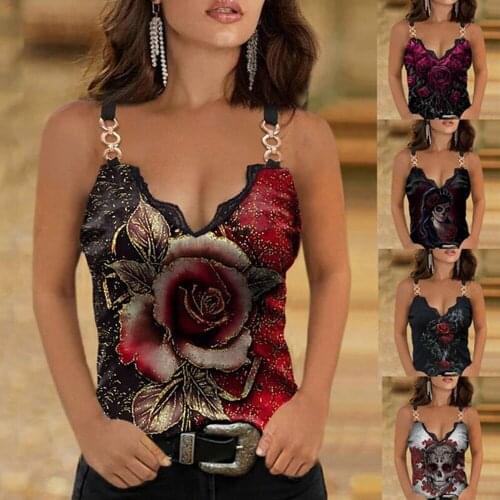 Vintage Roes Flower Printed Sleeveless Sexy Vest Womens V Neck Large Sized Pullovers Streetwear With Ring Tops Oversized 3XL