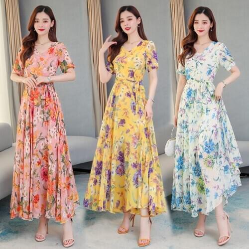 Fashion Summer Print Chiffon Dress 2020 New Summer Female Long Section Bohemian Beach Dress Short Sleeve Women Elbise 3XL R303