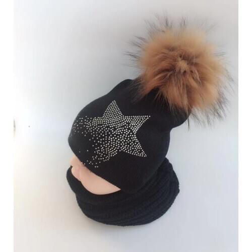 1-3 years childrens winter infant baby kids faux fur star diamond hat scarf set cap beanie with pompom beanie for boys and girl