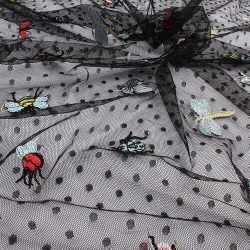 White / Black Little Bee Insects Embroidered Lace Tulle Dress Shirt Fabric, by the Meter