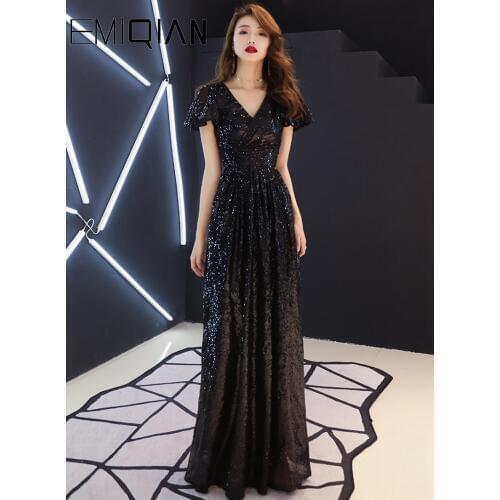 Sequined V Neck Party Banquet Prom Dresses A line Cap Sleeve Black Long Formal Evening Dress